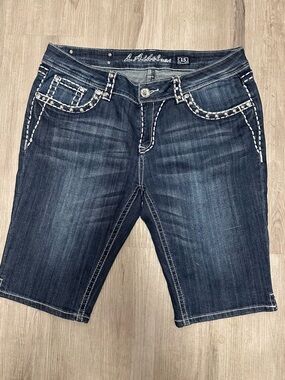 L.A. Idol Dark Blue Embellished Bermuda Denim Shorts 37